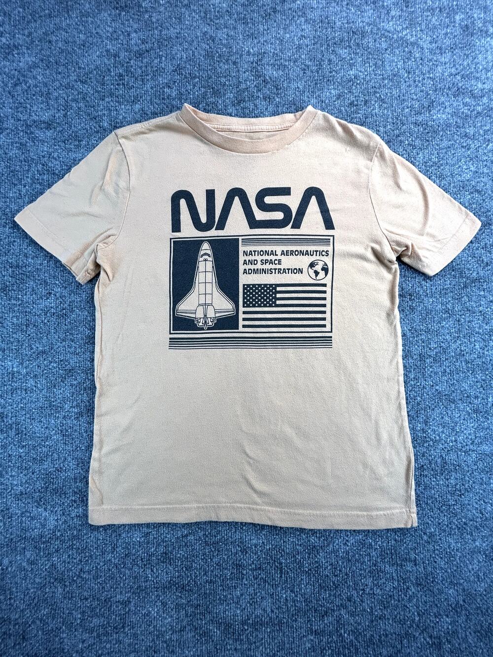 NASA Kids L 14/16 Graphic T Shirt Space Shuttle Logo Beige Tee Youth Large
